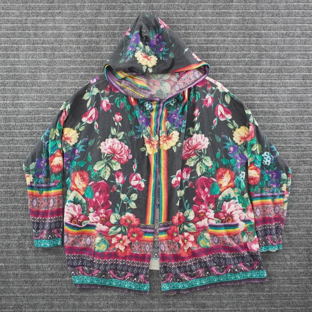 Johnny Was Floral Hooded Cardigan Womens Large Multicolor Boho Open Front